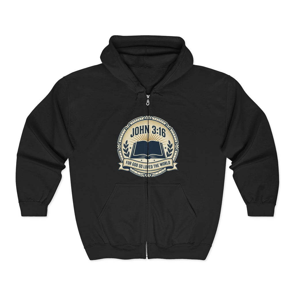 John 3:16 Full Zip Hoodie — Christian Faith Scripture Jacket